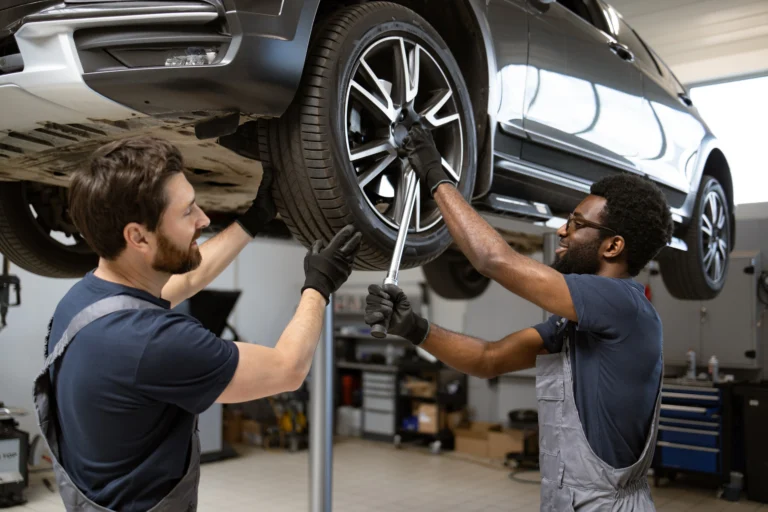 Two mechanics wearing gloves working on a car tire in a well-lit automotive repair shop.